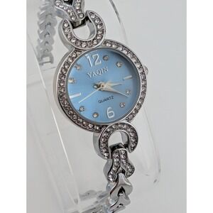 Yaqin Watch Women 23mm Case Blue Dial Crystals 7" Silver Band- New Battery